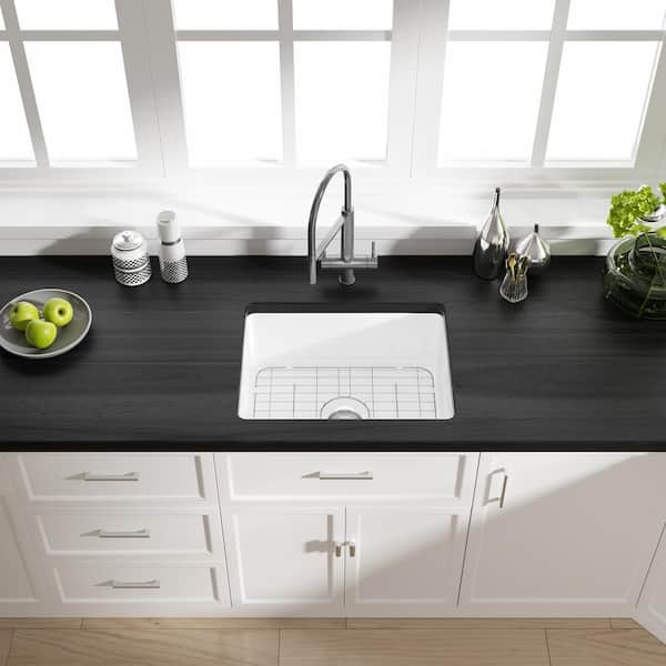 Oslo 24 in. Undermount Single Bowl White Ceramic Kitchen Sink with Botton Grid and Basket Strainer