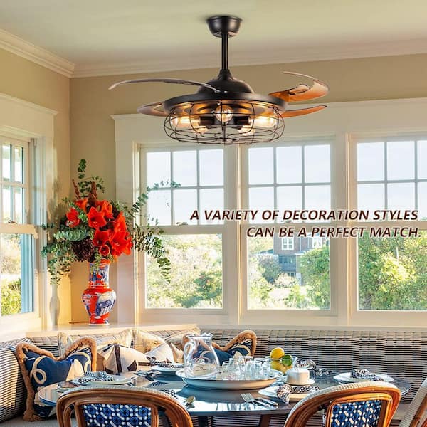 48 in. Indoor Black Ceiling Fan with Lights and Remote Retractable Blades Fandelier