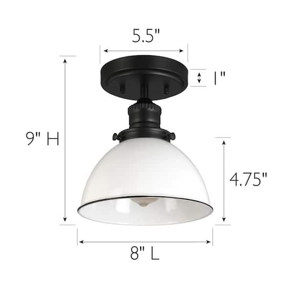 Savannah Farmhouse 8 in. 1-Light Matte Black with White Shade Semi-Flush Mount Light