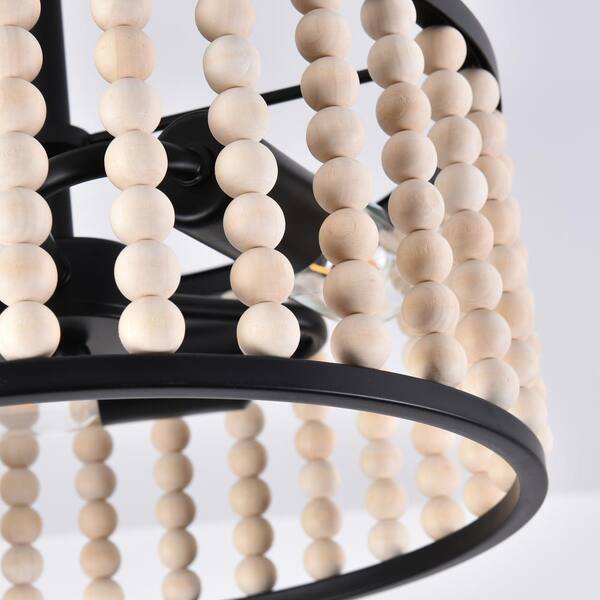 13 in. 3-Light Matte Black Wood Bead Semi-Flush Mount Ceiling Light Farmhouse Boho Light Fixture