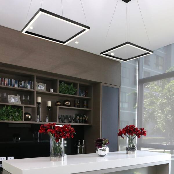 Atria Square 20 in. 38-Watt Black ETL Certified Integrated LED Chandelier Height Adjustable Hanging Pendant Light