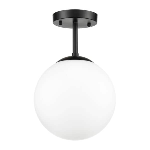 Zeno 1-Light Black Globe Ceiling Light with White Glass Shade