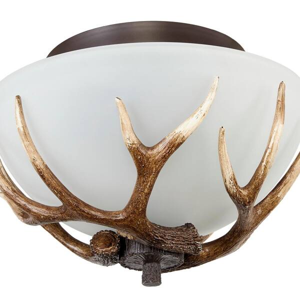 Deer Lake 13 in. 2-Light Handmade Finish Anlter Convertible Semi-Flush Mount
