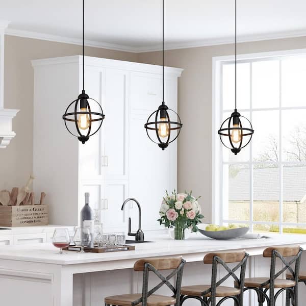 Black Pendant Light Modern Globe 1-Light 9.5 in. Cage Geometric Kitchen Island Foyer Pendant Chandelier