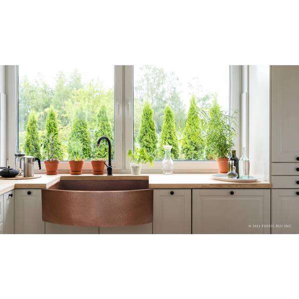 Luxury Medium Patina 12-Gauge Copper 33 in. Single Bowl Farmhouse Apron Kitchen Sink with Accs and Curved Front