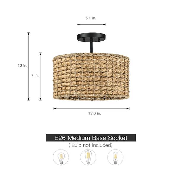 Elis 13.6 in. 2-Light Natural Rattan Semi-Flush Mount Ceiling Light with Black Canopy