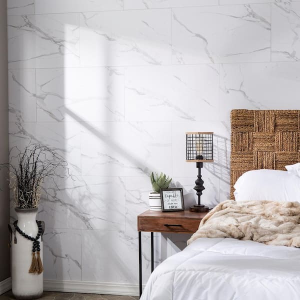 25.6 in. L x 14.8 in. W Carrara Marble No Grout Vinyl Wall Tile (21 sq. ft./case)