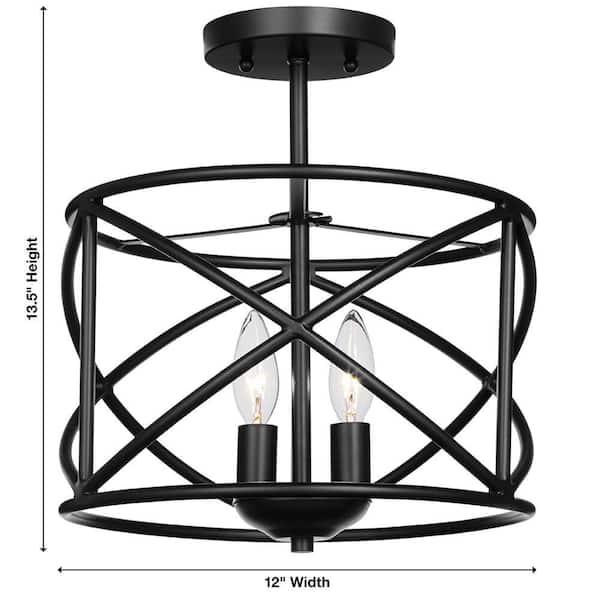 Hastings 13.5 in. 2-Light Satin Bronze Industrial Caged Drum Ceiling Semi Flush Mount Light