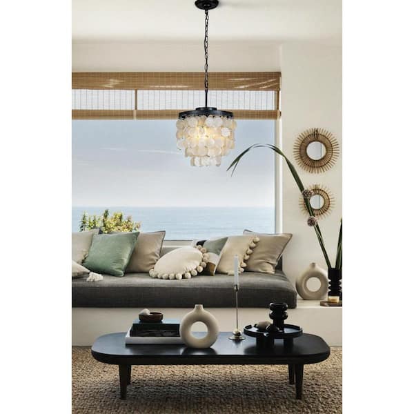 14 in. 3-Light Statement Tiered Matt Black Pendant Ceiling Lighting Chandelier with Capiz Seashell Accents