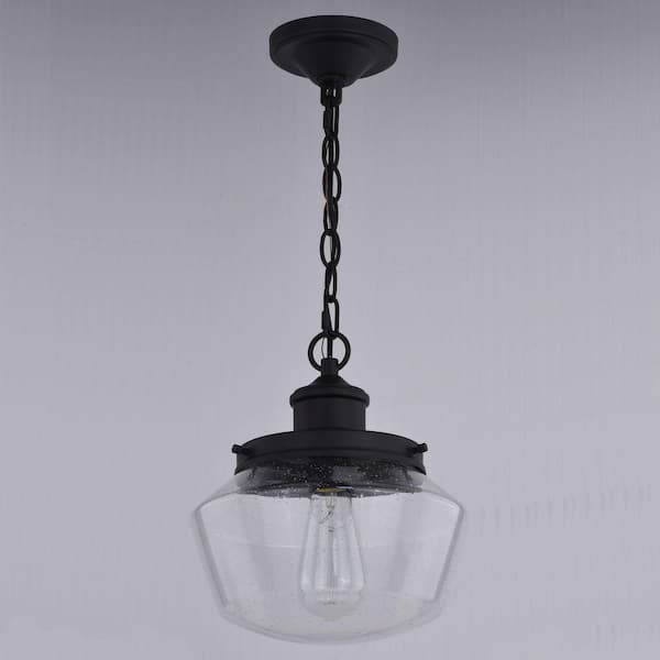 Collins 1-Light Black Farmhouse Outdoor Pendant Clear Schoolhouse Glass