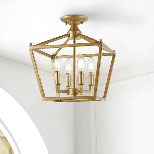 Plains Mini Lantern 12 in. 4-Light Brass Gold Iron Modern Farmhouse LED Flush Mount,