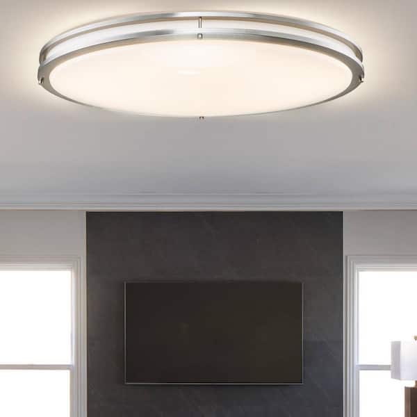 32.5 in. Brushed Nickel Oval 35-Watt Dimmable LED Flush Mount with Opal Acrylic Shades