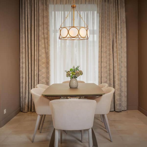 3-Light Antique Gold Modern Pendant Light, Frosted Glass Round Chandelier, Transitional Dining Room Drum Chandelier