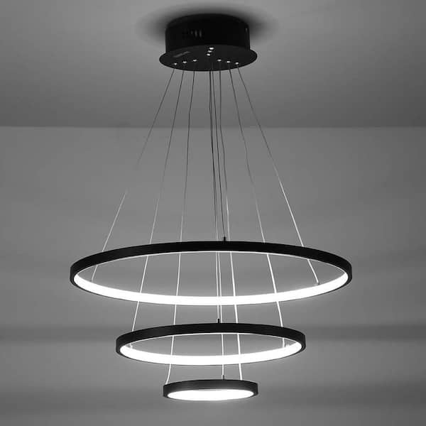 Modern 50-Watt 3-Light Tiered Integrated LED Black Rings Chandelier