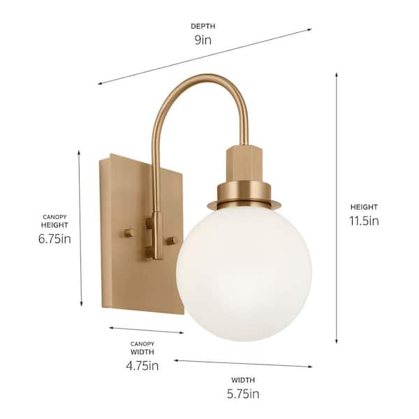 Hex 11.5 in. 1-Light Champagne Bronze Bathroom Wall Sconce Light with Opal Glass Shade