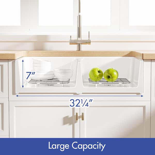 Denbigh Crisp White Fireclay 33 in. Double Bowl Farmhouse Apron Kitchen Sink with Bottom Grid