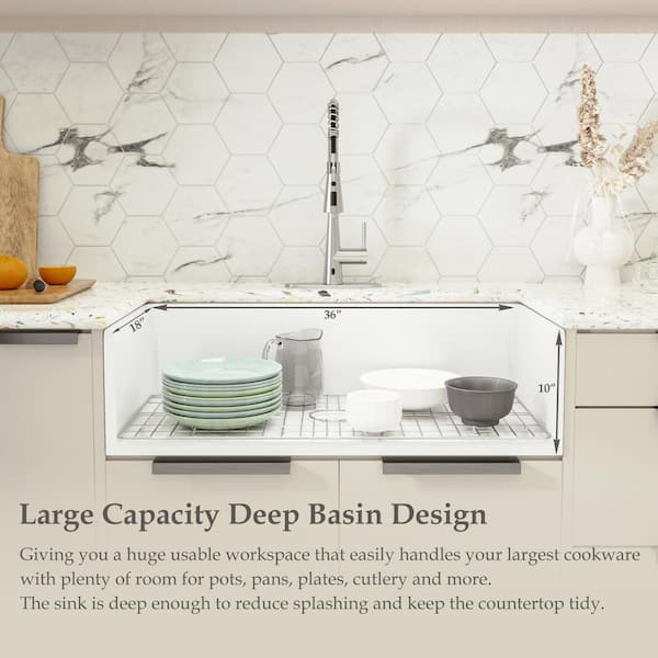 White Fireclay 36 in. Single Bowl Farmhouse Apron Kitchen Sink with Bottom Grid and Basket Strainer