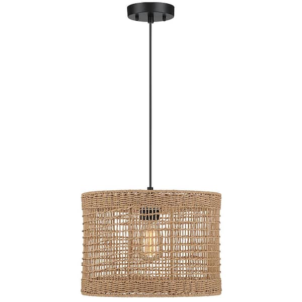 Bohe 13.8 in. 1-Light Black Bohemian Island Pendant with Natural Rattan Shade
