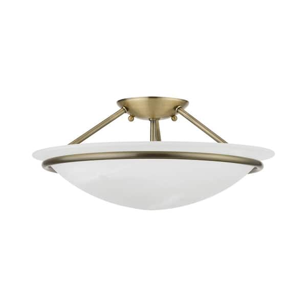 Newburgh 16 in. 3-Light Antique Brass Semi-Flush Mount with White Alabaster Glass