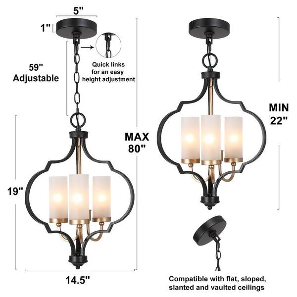 Modern 3-Light Black and Gold Chandelier with Glass Shade Candlestick Pendant Light