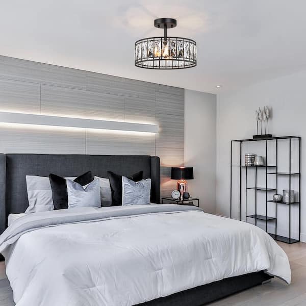 12.5 in. 2-Light Industrial Modern Black Drum Semi Flush Mount Light with Crystal Glass Shade