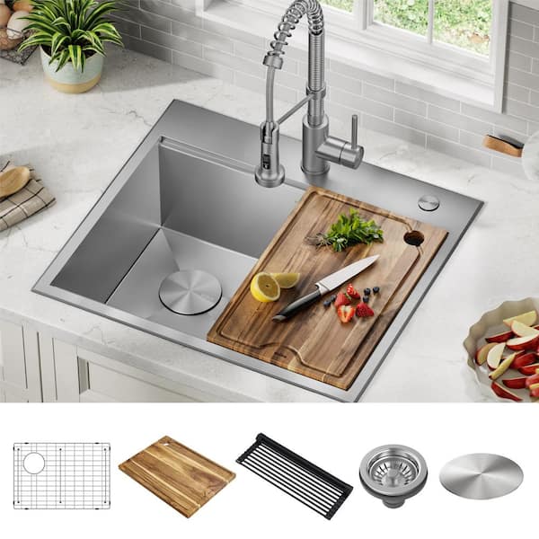 Loften 25 in. Drop-in/Undermount Single Bowl Stainless Steel Kitchen Workstation Sink with Accessories