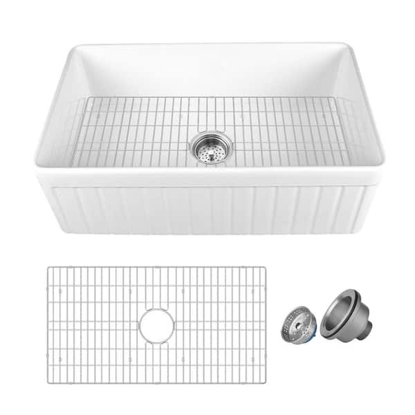 Solstice White Fireclay 33 in. L x 18 in. W Rectangular Single Bowl Farmhouse Apron Kitchen Sink with Grid and Strainer