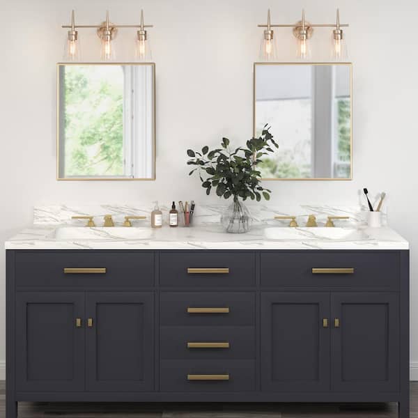 Farmhouse Gold Bathroom Vanity Light, Dule 3-Light Modern Bell Brass Vanity Light Bar with Clear Glass Shades