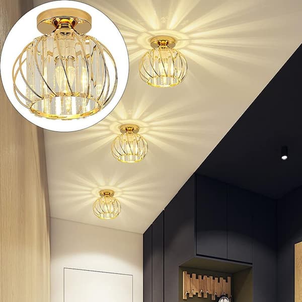 7.09 in. 1-Light Modern Gold Semi Flush Mount Ceiling Light Fixture with Clear Crystal Accents