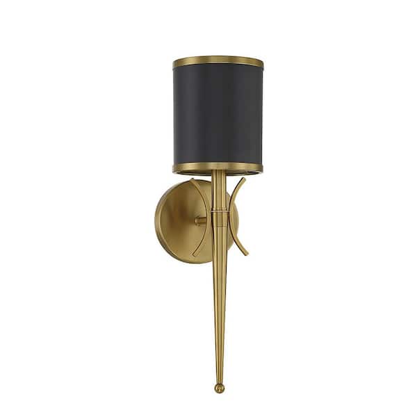 Quincy 5.25 in. W x 18.5 in. H 1-Light Matte Black with Warm Brass Accents Wall Sconce with Metal Shade