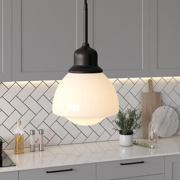 Brooks 1-Light Blackened Bronze Pendant with White Milk Glass Shade