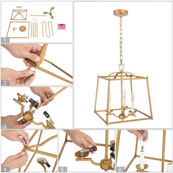 14.5 in. 3- -Light Modern Gold Lantern Chandelier with Geometric Cage