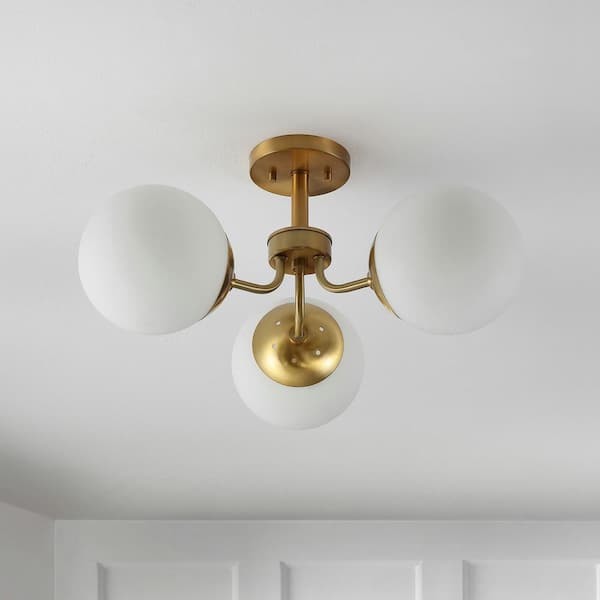 Olivier 23.5 in. 3-Light Brass Gold Bohemian Farmhouse Iron/Frosted Glass LED Semi Flush Mount, White