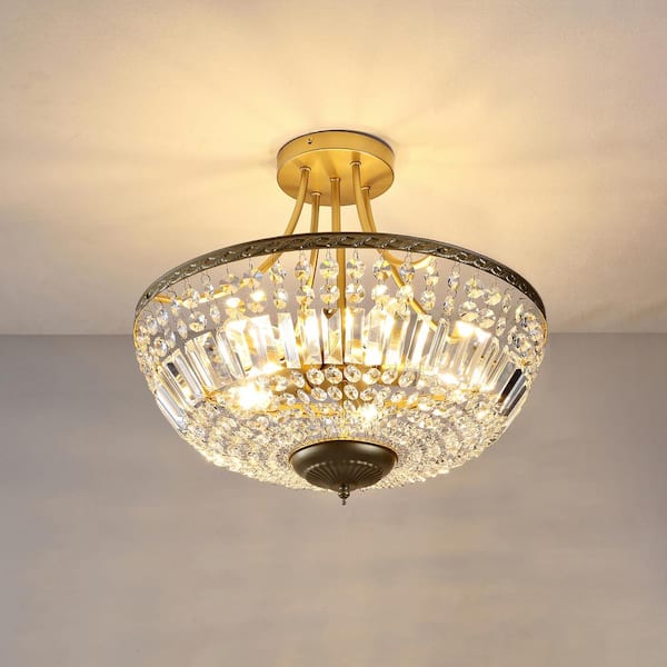 5-Light 19.5 in. Crystal Ceiling Light Fixture, Brass Semi Flush Mount Chandelier