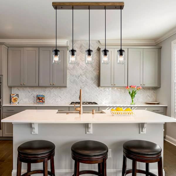 Industrial Kitchen Island Faux Wood Chandelier Farmhouse 5-Light Dining Room Black Chandelier with Mason Jar Shades