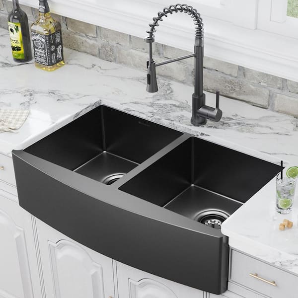 Gunmetal Black Stainless Steel 36 in. 18-Gauge Double Bowl Farmhouse Apron Kitchen Sink