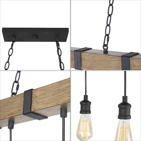 Wood Beam Chandelier 35.5 in. 5-Light Brown Linear Farmhouse Chandelier Island Pendant Light with Wood Accents