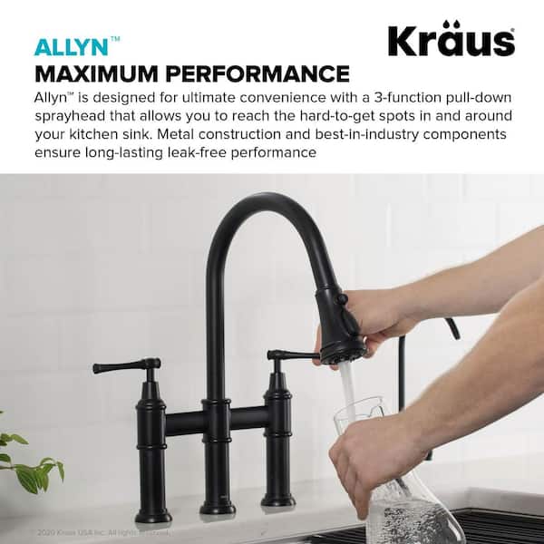 Allyn Double Handle Transitional Bridge Kitchen Faucet with Pull-Down Sprayhead in Matte Black