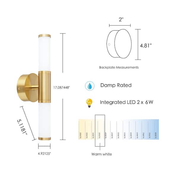 Palmera 1 4.92 in. W x 17.08 in. H 2-Light Brushed Gold Integrated LED Bathroom Vanity Light with Etched Glass Shades