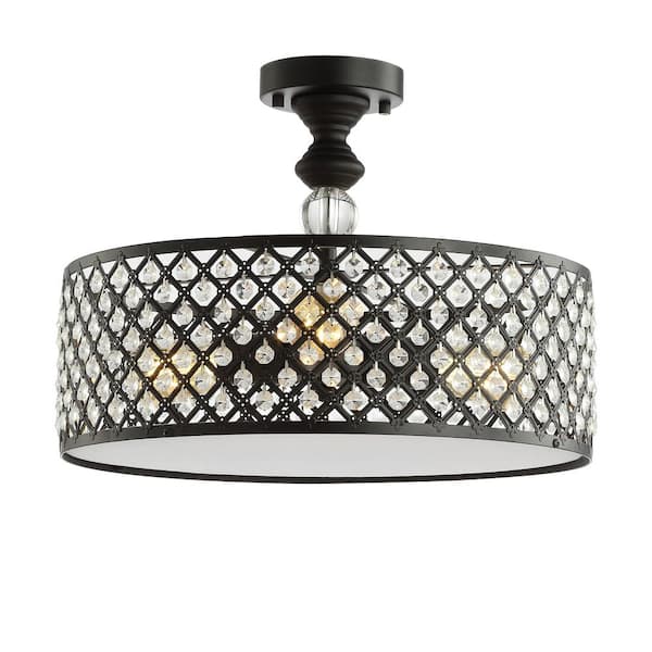 Elise 17 in. 3-Light Crystal/Metal Drum Semi-Flush Mount, Black