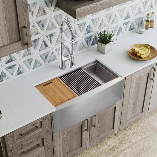 Zero Radius Farmhouse/Apron-Front 18G Stainless Steel 33 in. Single Bowl Workstation Kitchen Sink, Spring Neck Faucet