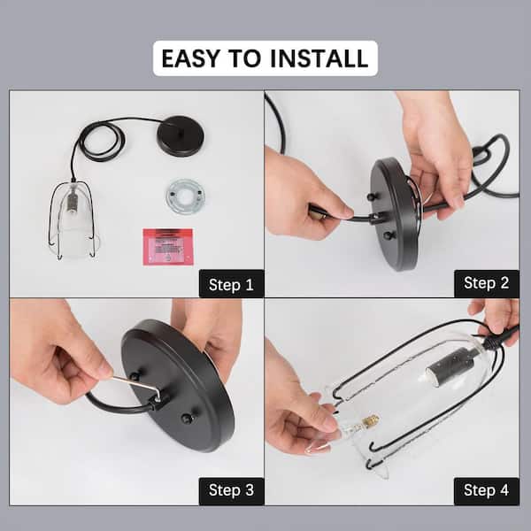 Modern Black Kitchen Island Hanging Light, 1-Light Industrial Cage Dining Room Pendant Light with Seeded Glass Shade