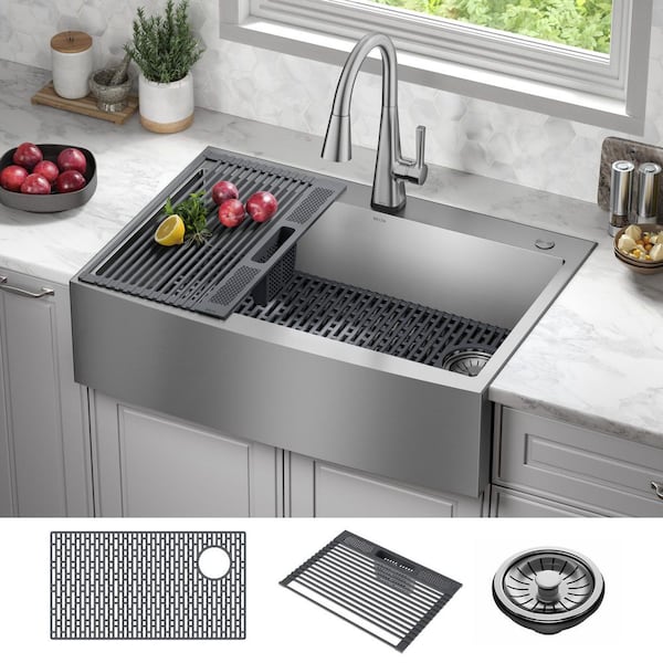 Lenta 16 Gauge Stainless Steel 33 in Single Bowl Farmhouse Apron Front Kitchen Sink with Accessories