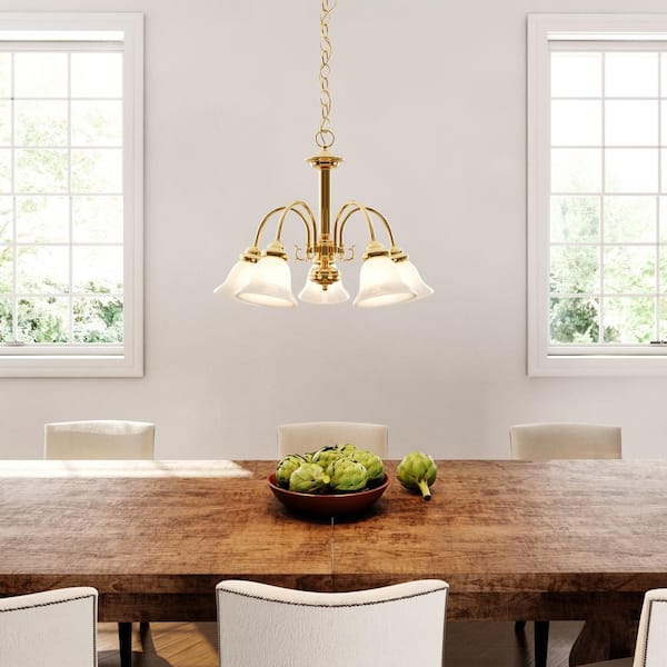 5-Light Polished Brass Chandelier with Alabaster Glass