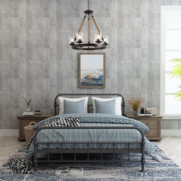 Farmhouse 6-Light Dark Brown Wagon Wheel Island Rustic Chandelier with Cylinder Clear Glass Shades and Natural Ropes