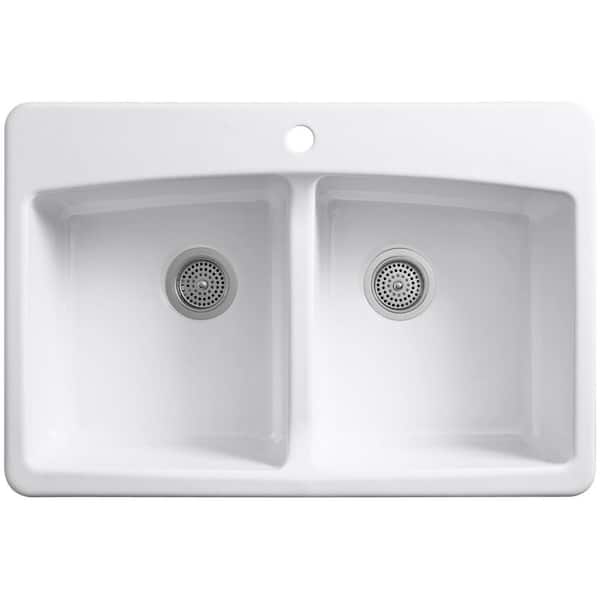 Brookfield Drop-In Cast Iron 33 in. 1-Hole Double Bowl Kitchen Sink in White