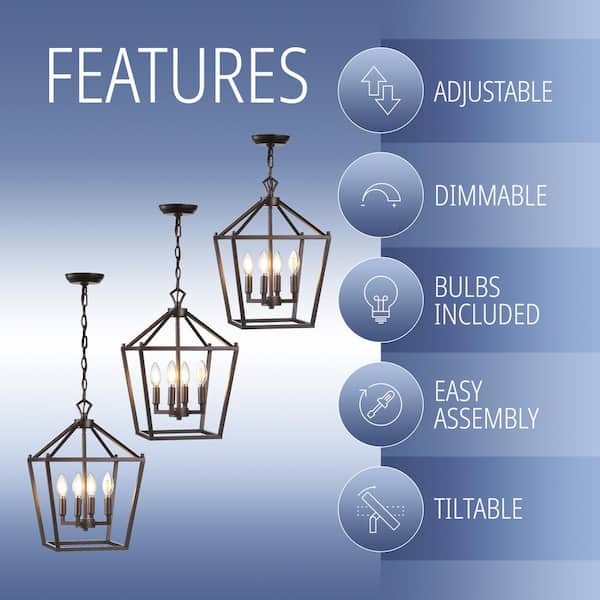 Pagoda 12 in. 4-Bulb Oil Rubbed Bronze Lantern Metal LED Pendant