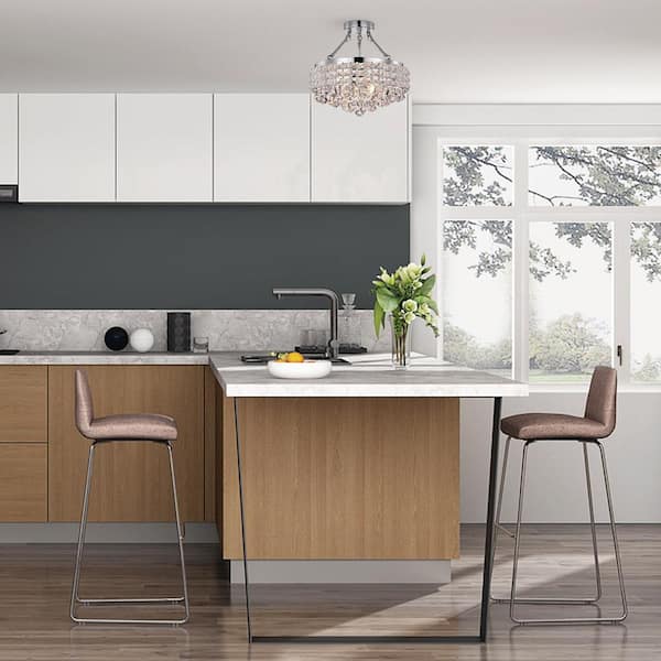 Alyvia 15 in. 4-Light Chrome Glam Semi-Flush Mount with Beaded Drum Shade and Hanging Crystals