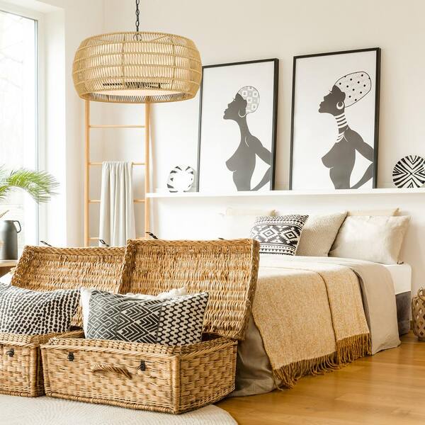 Everly 6-Light Matte Black Natural Rattan Semi-Flush Mount Light