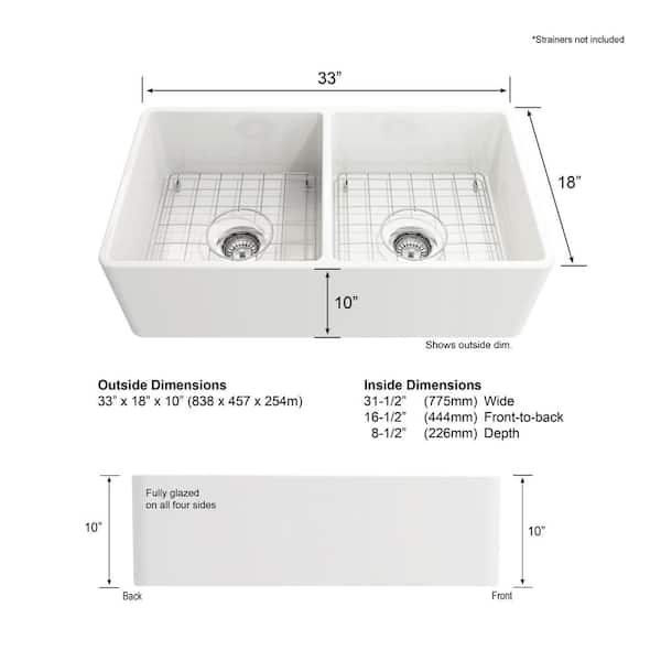 Farmhouse Apron-Front Fireclay 33 in. Double Bowl Kitchen Sink in White with Bottom Grid